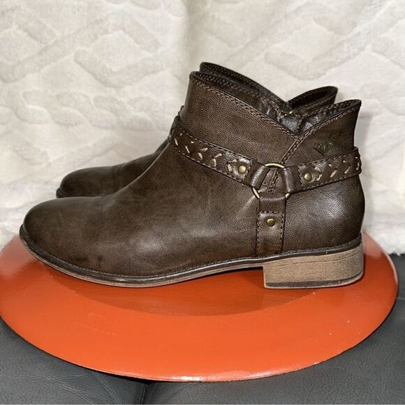ROXY 9 Brown Faux Leather Embroidered Ankle Zip Saddle Boots - Picture 3 of 12